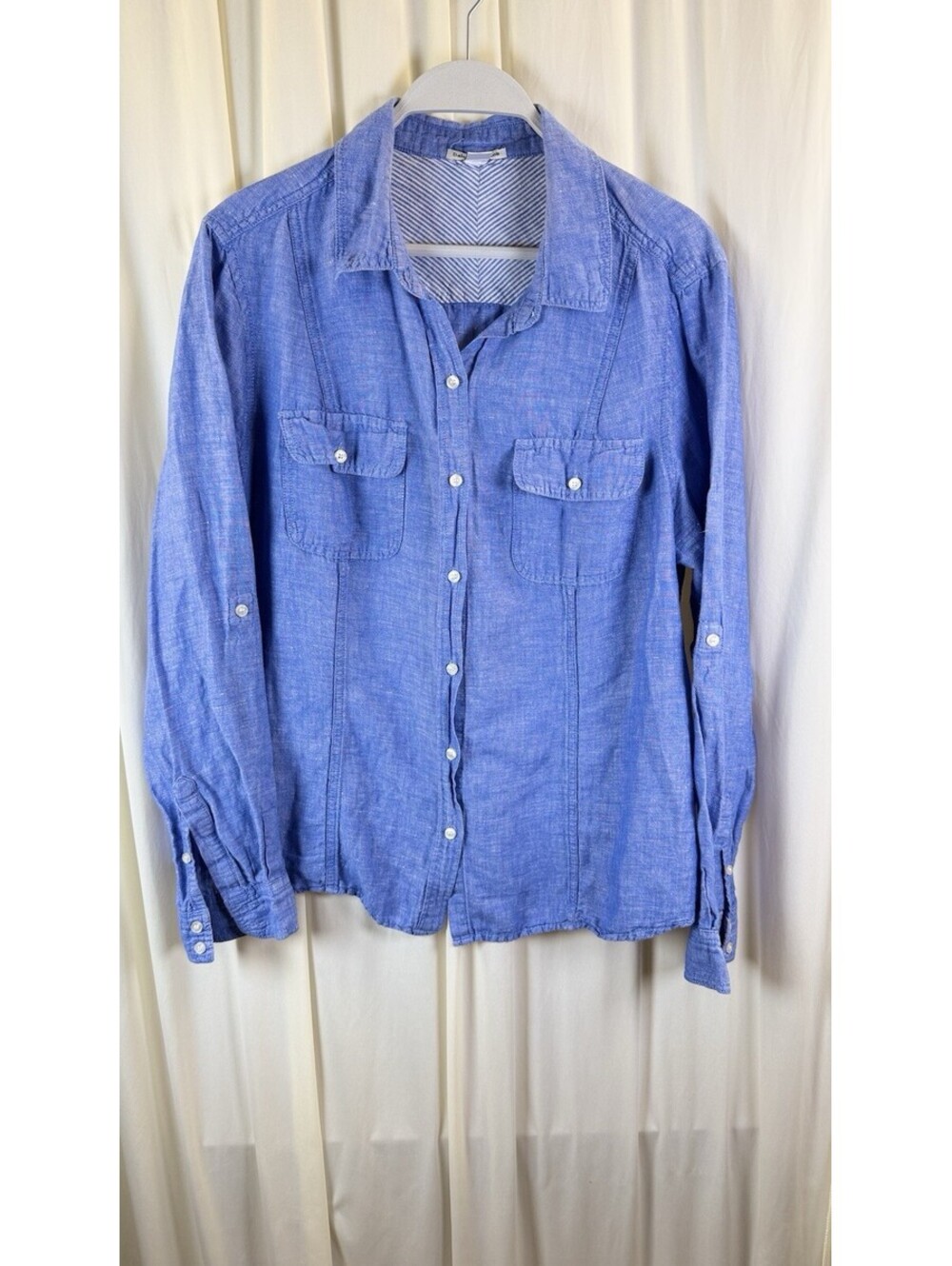 Dalia Collection Blue Crosshatch Linen Cotton Roll Tab Slv Button Up Pockets 1X